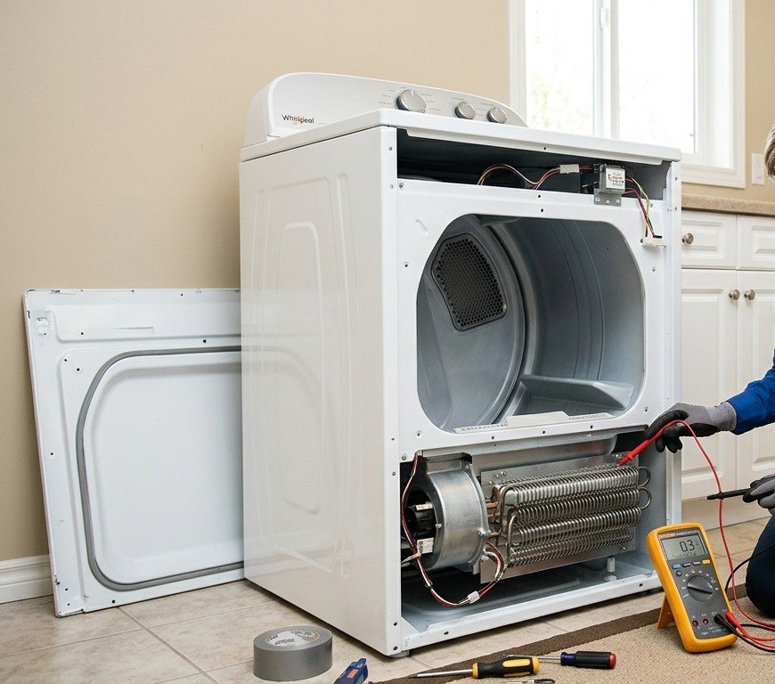 Technician testing a disassembled electric dryer heating element for complain dryer not heating