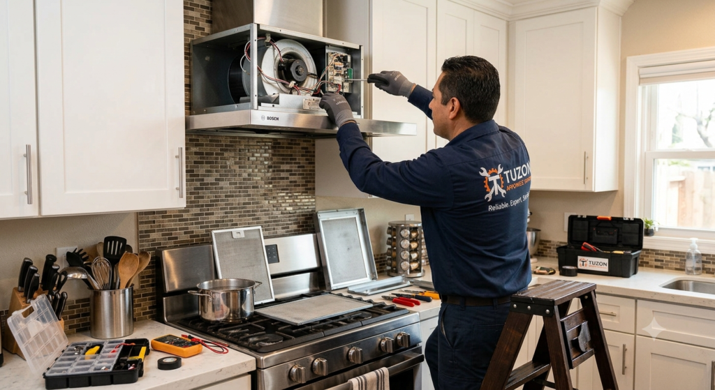 Tuzon Appliance Repair technician providing Range Hood Repair Edmonton service in a modern kitchen