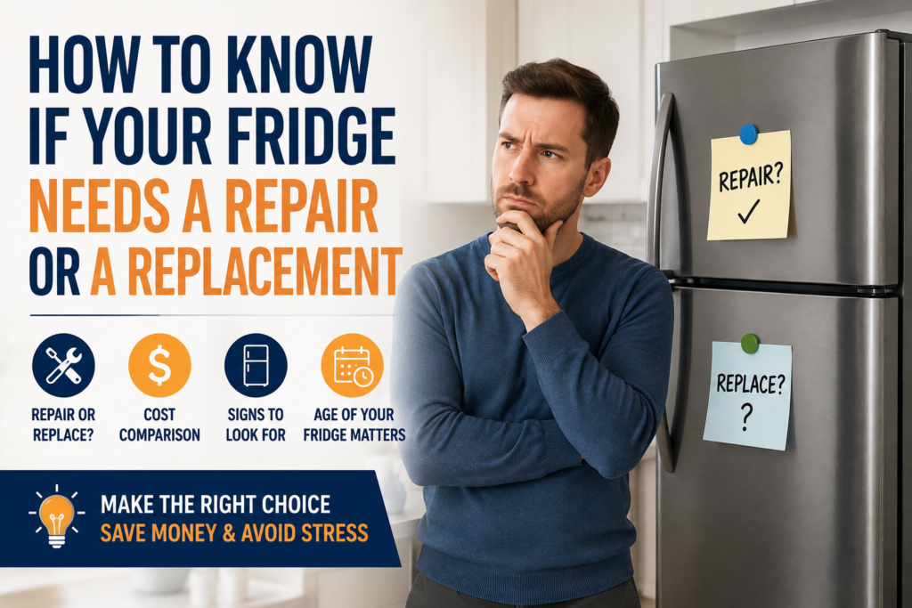 Homeowner deciding whether a refrigerator needs repair or replacement, with infographic titled "How to Know If Your Fridge Needs a Repair or a Replacement" highlighting cost, warning signs, and appliance age.