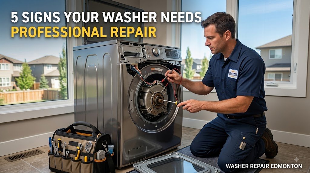 A technician performing a washer repair Edmonton to fix a front-load washing machine leaking water onto the laundry room floor due to a damaged door boot seal