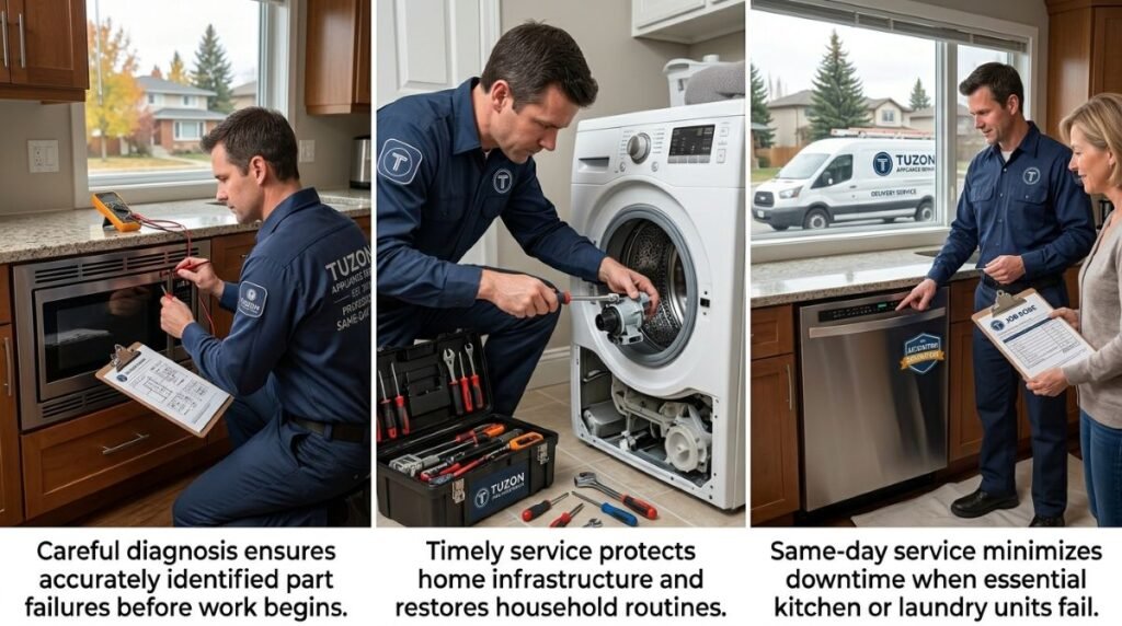 Same-day appliance service technician working in an Edmonton home
