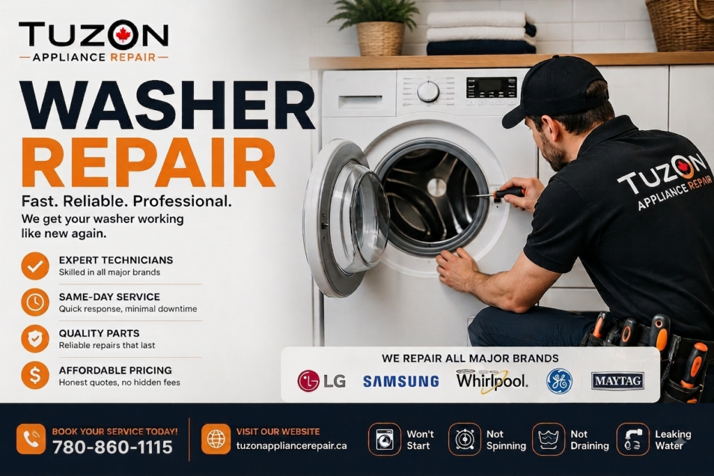 Washer repair technician servicing a washing machine for professional washer repair.