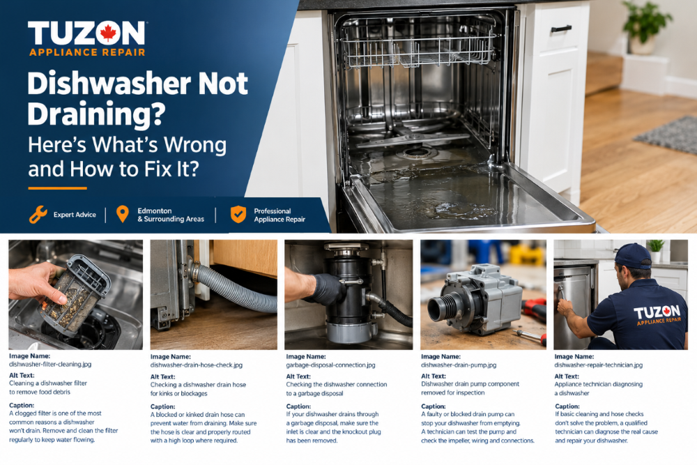 Dishwasher Not Draining? Here's What's Wrong and How to Fix It? 1 Dishwasher not draining with standing water and appliance technician inspecting the problem